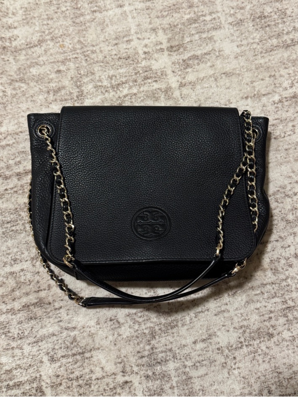 Tory Burch Black Pebbled Leather Chain Shoulder/Crossbody Bag Silver Hardware